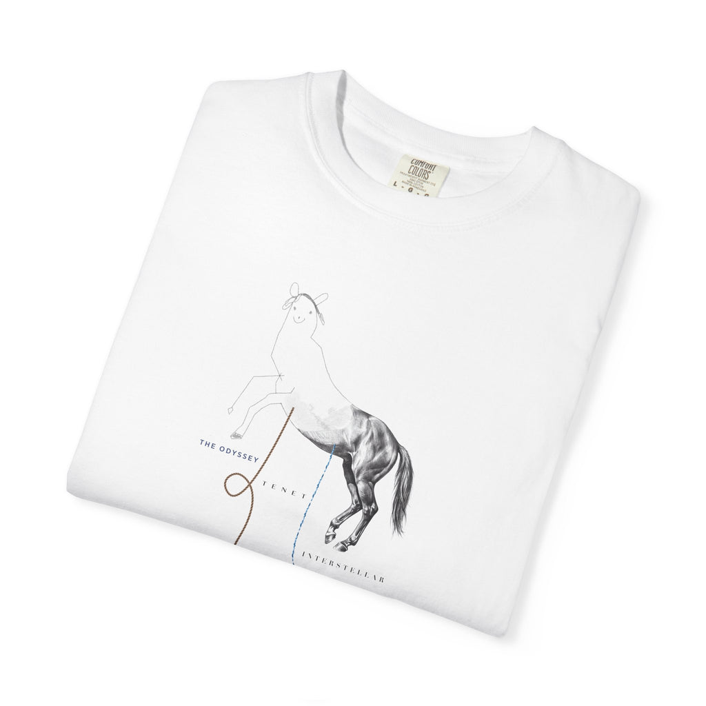 White Course America tee, folded, showing the Trojan Horse design, half line drawing and half photograph