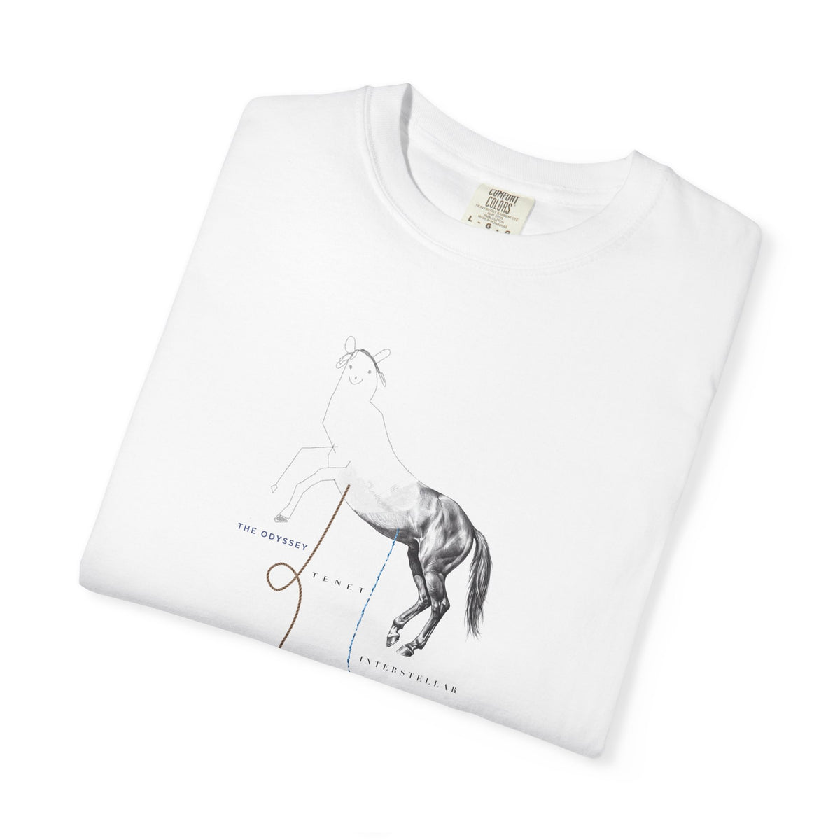 White Course America tee, folded, showing the Trojan Horse design, half line drawing and half photograph