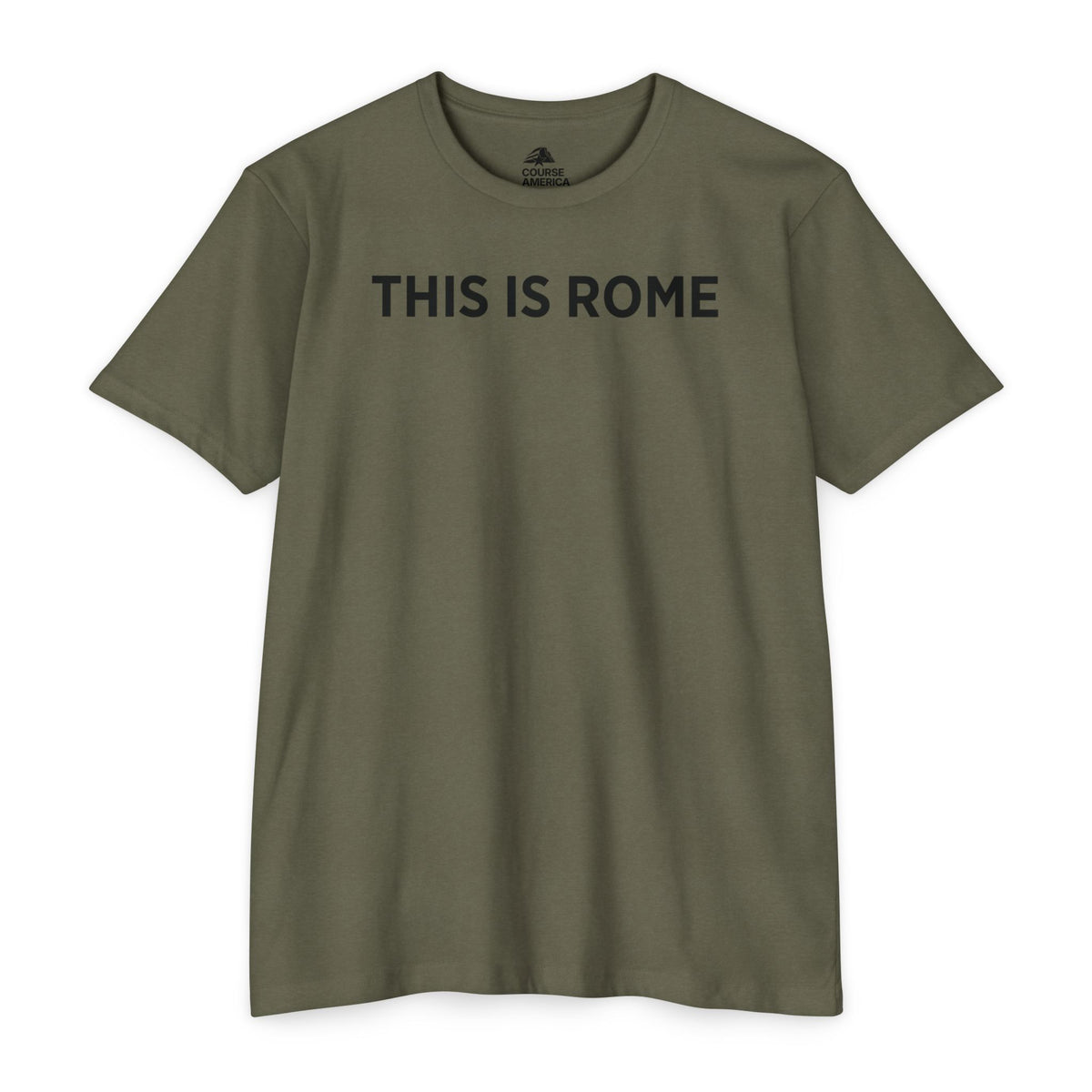 Military green Course America tee, flat front view, printed THIS IS ROME