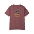 Brick red Course America tee, flat back view, the print showing George Washington standing in a wheat field above the word Washington in script