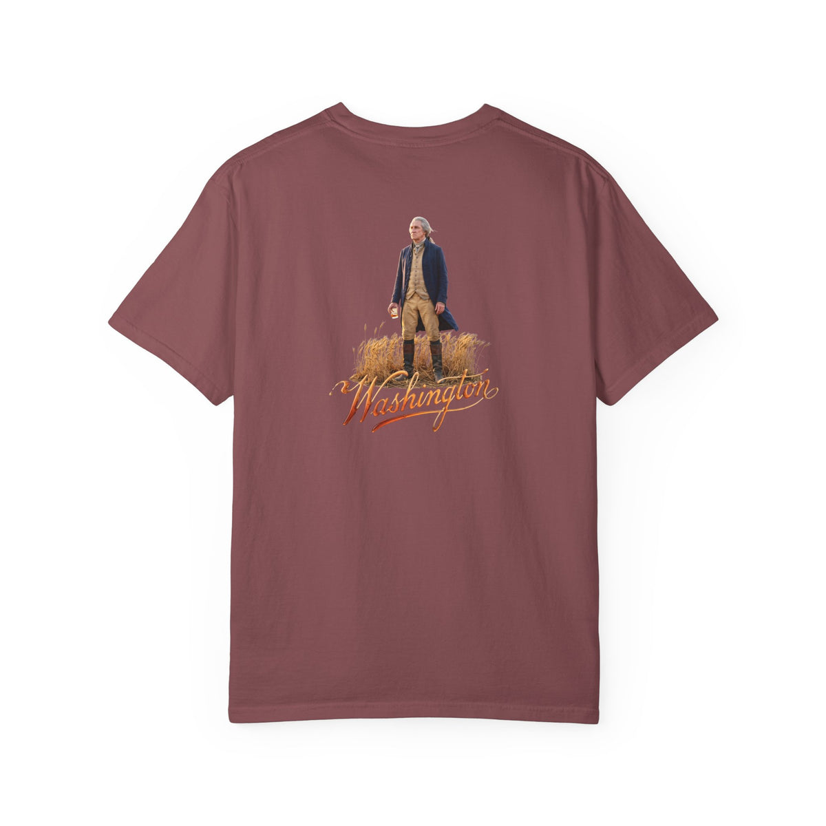 Brick red Course America tee, flat back view, the print showing George Washington standing in a wheat field above the word Washington in script