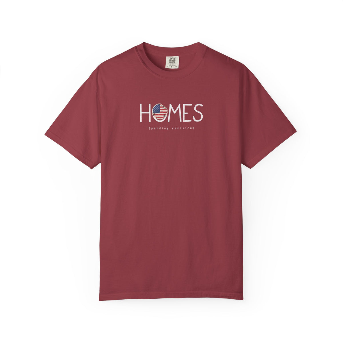 Chili red Course America tee, flat front view, printed HOMES in white with a flag filled O, above the words pending revision