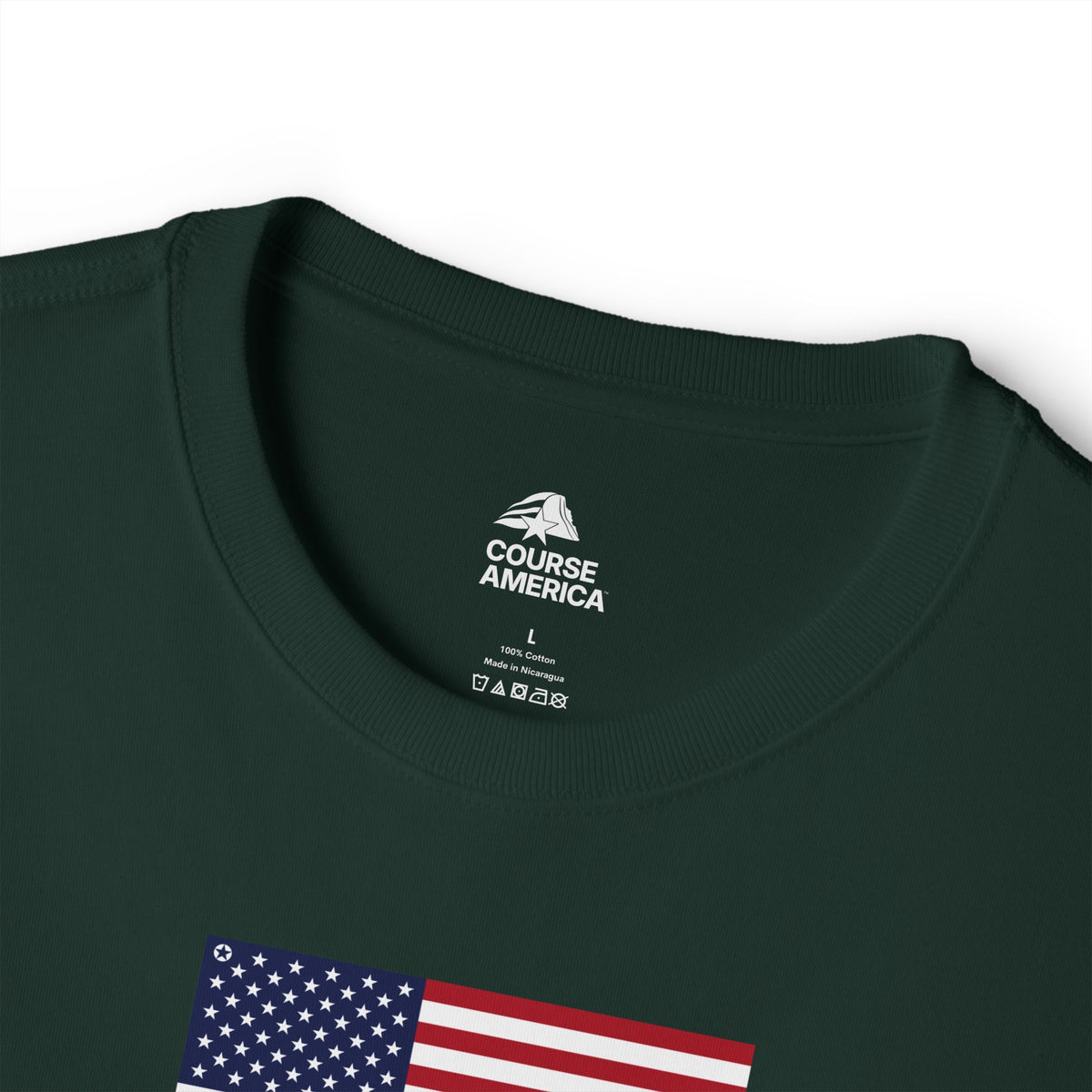 Forest green Course America tee, close up of the inner neck label beside an American flag