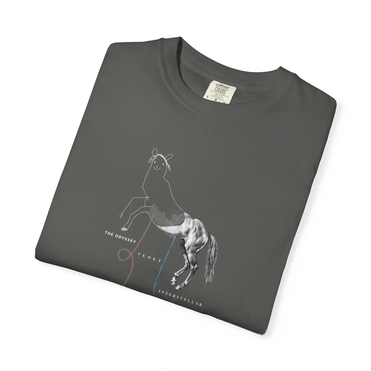 Pepper grey Course America tee, folded, showing the Trojan Horse design, half line drawing and half photograph