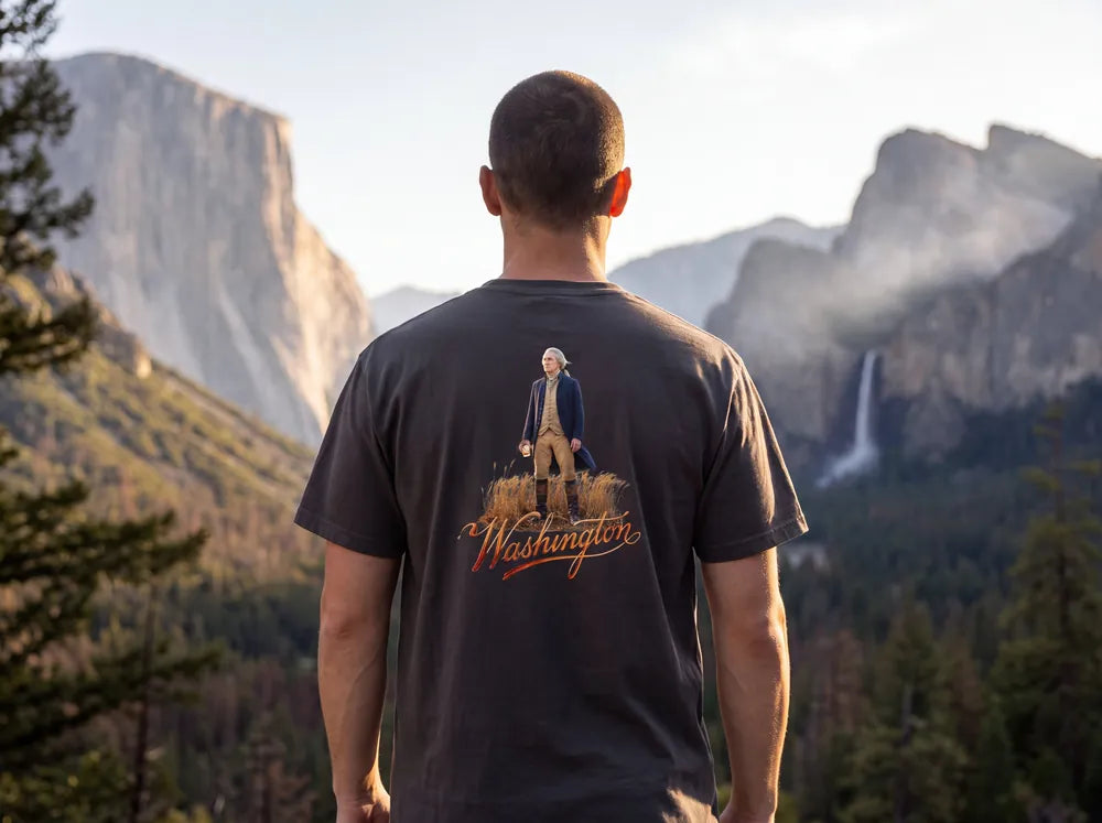 Man seen from behind at a Yosemite overlook in a charcoal tee, the back print showing George Washington standing in dry grass above the word Washington