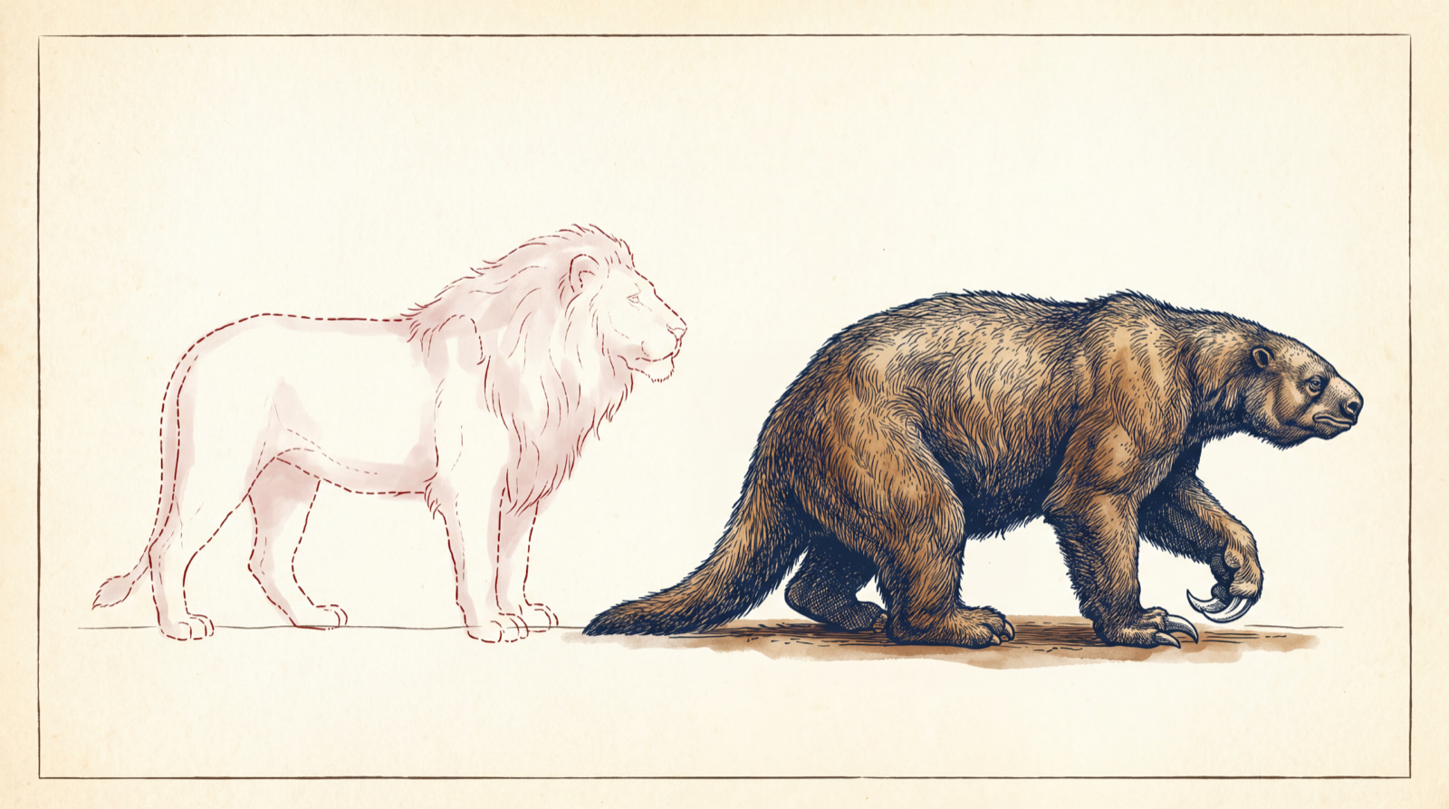The imagined lion as a faded dashed outline beside the true animal: the giant ground sloth Megalonyx jeffersonii, fully drawn, walking on the knuckles of its great claws