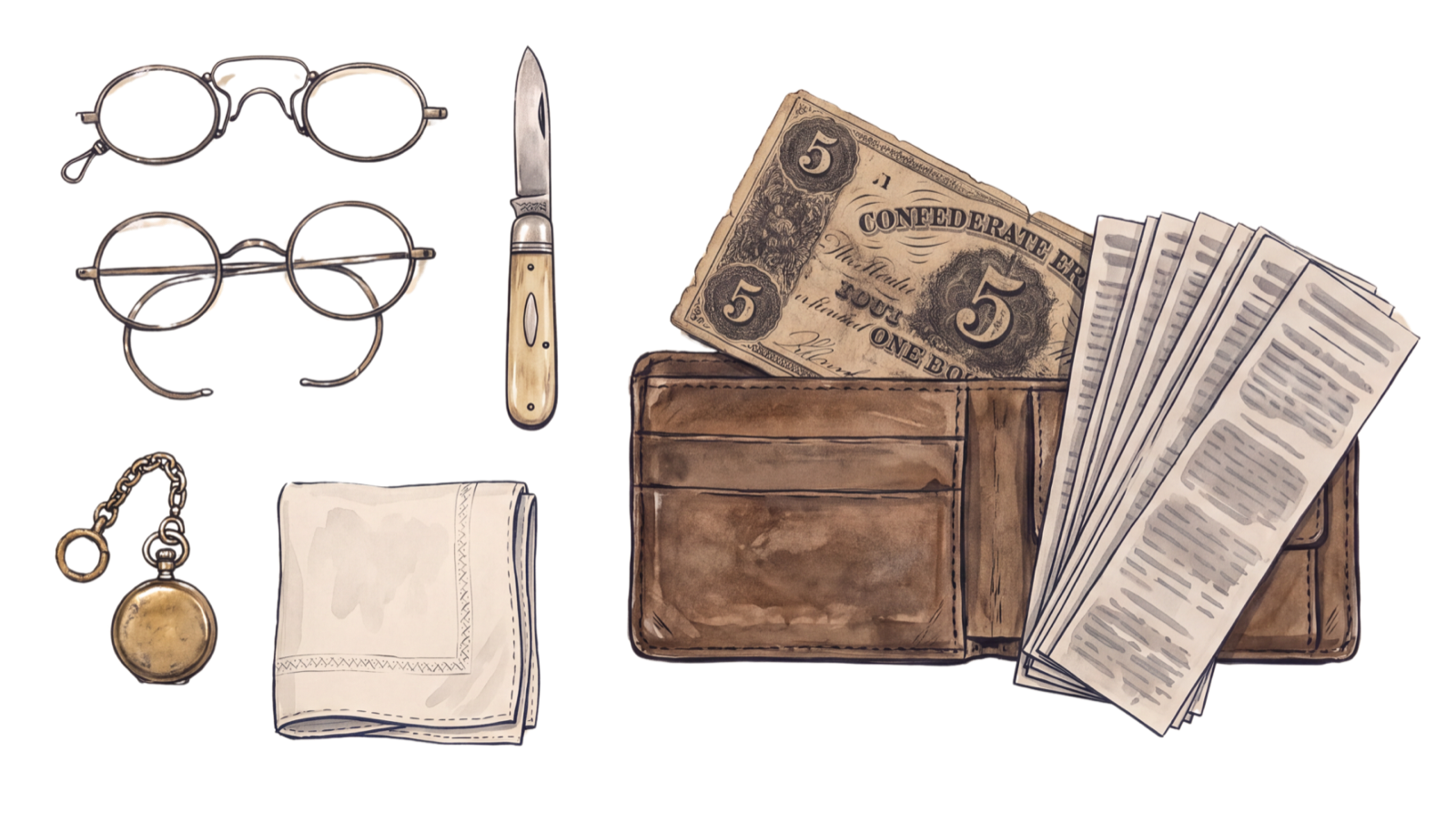 Flat lay of Lincoln's pocket contents: two pairs of spectacles, a pocketknife, a watch fob, a linen handkerchief, a brown leather wallet, a Confederate five-dollar note, and nine folded newspaper clippings