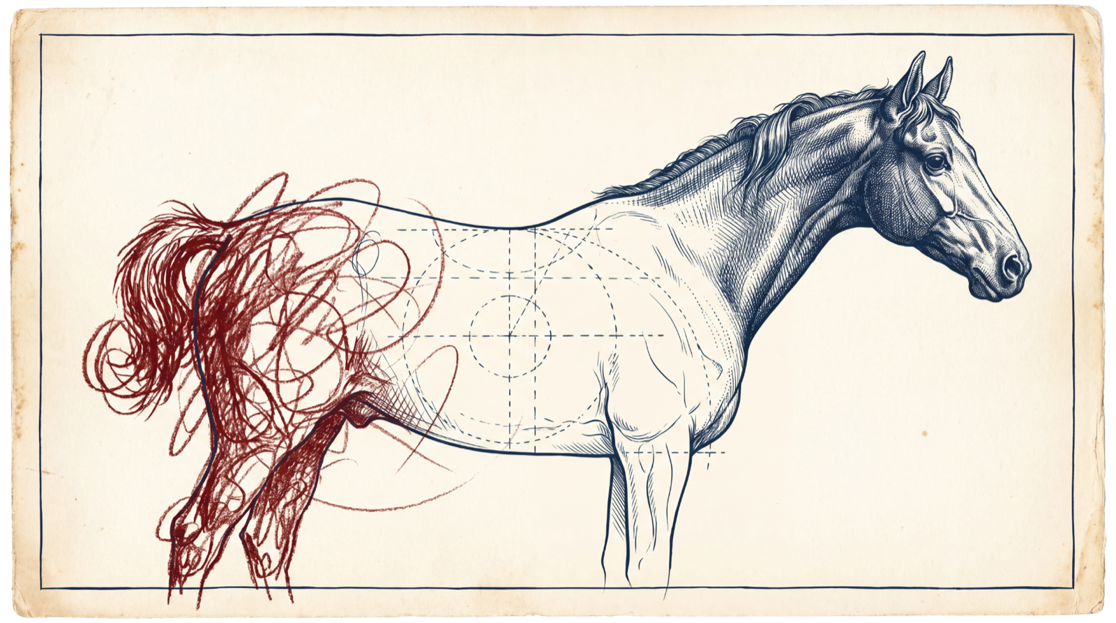 The unfinished horse: a masterfully engraved head and neck at the right, collapsing through dashed construction lines into a red crayon scribble at the tail