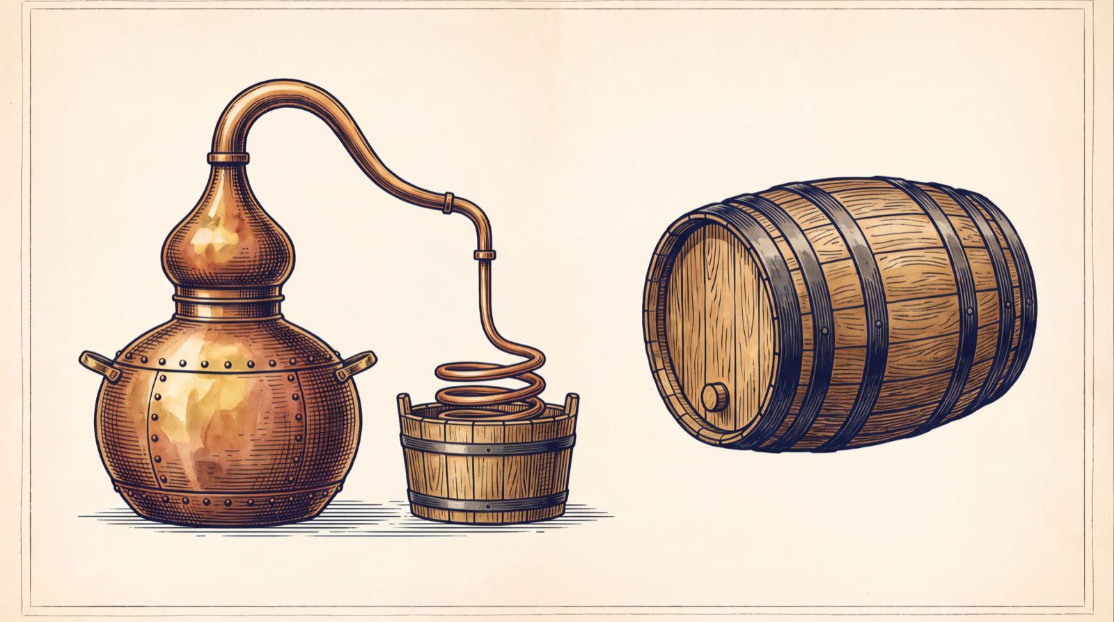 A copper pot still with swan neck and worm-tub condenser beside an oak whiskey barrel, drawn as an eighteenth-century technical plate