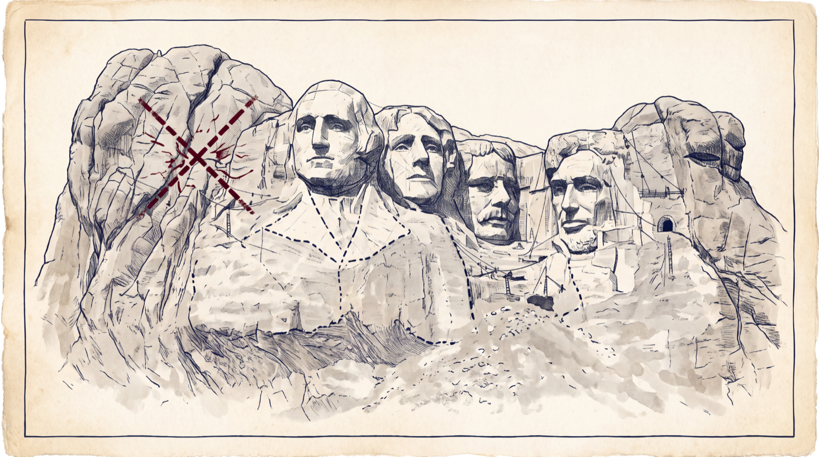 Engineer's elevation of Mount Rushmore: the four carved faces with scaffolding, the abandoned first Jefferson site struck through with a red dashed X, and dashed outlines of the never-carved torsos