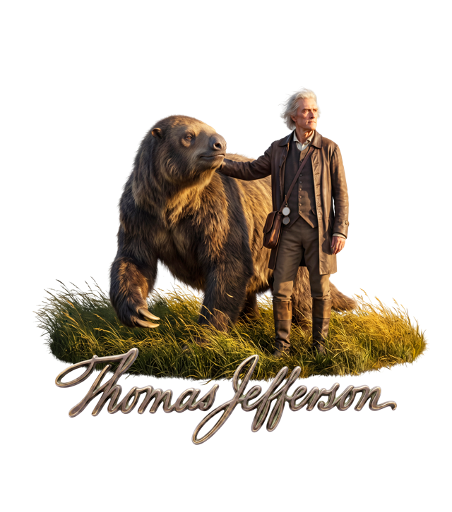 Jefferson × Megalonyx tee design: Thomas Jefferson standing beside a living giant ground sloth on prairie grass, above his metallic signature