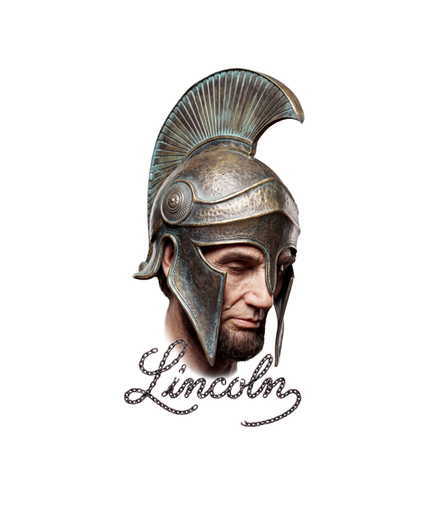 Lincoln The Odyssey tee design: Abraham Lincoln wearing a bronze Corinthian helmet, his name written in chain links beneath