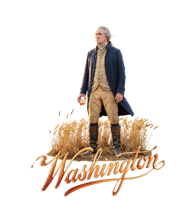 Washington whiskey tee design: George Washington standing in a rye field holding a glass of whiskey, his name written in liquid whiskey script